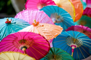A group of vibrant umbrellas lined up neatly on a table, part of themed party decorations for events like tropical luau - obrazy, fototapety, plakaty