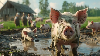 A pig is standing in a muddy pond with other pigs - Powered by Adobe