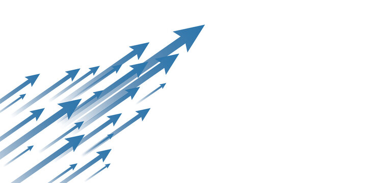 Multiple blue arrows pointing upwards on a white background, representing growth or progress concept