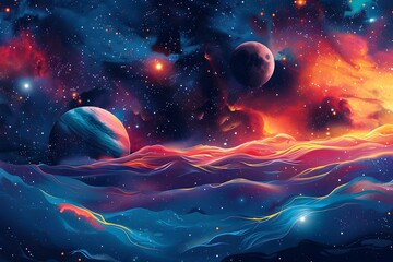 Mesmerizing Interstellar Landscape with Glowing Planets,Vibrant Nebulae,and Twinkling Stars in a Breathtaking Cosmic Panorama