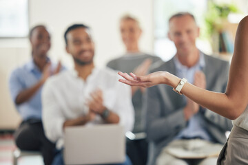 Back view, hand and business people with applause in office, workshop and staff meeting....