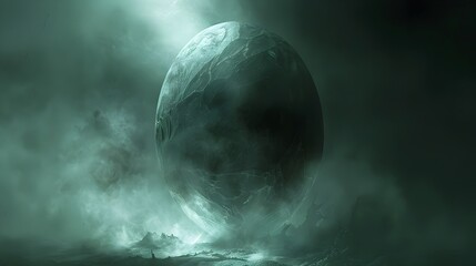 Mysterious Floating Planet Shrouded in Ethereal Mist and Dramatic Atmosphere