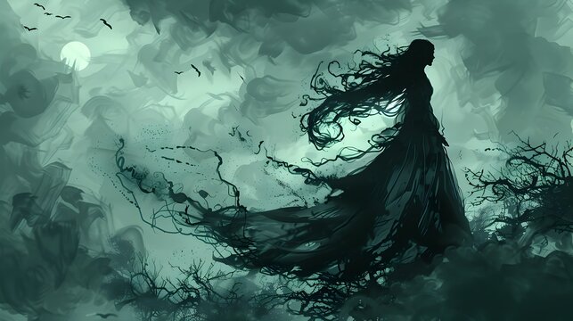 Mysterious Ethereal Sorceress Summoning Otherworldly Powers in Dark Fantasy Landscape