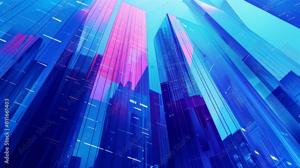 Poster striking skyscraper segment in blue light, showcasing elegant architecture and reflections.