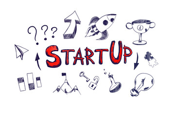 Hand-drawn startup and entrepreneurial themed doodles on a white background, depicting various icons and metaphors for business innovation and ideas