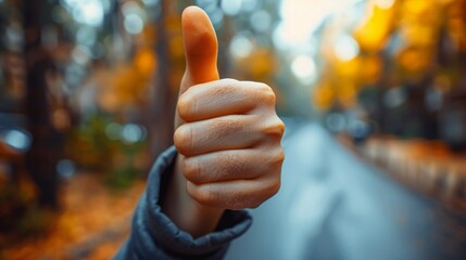 A person giving a thumbs up on a road.