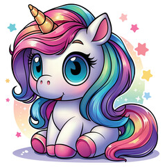 Cute Cartoon Sitting Unicorn with Rainbow Mane