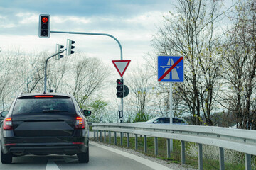 Car sign end of motorway on autobahn. Automotive industry.