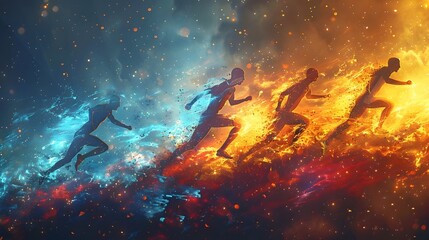 Runners Dashing Through a Fiery Apocalyptic Landscape in a Dramatic High-Energy Race