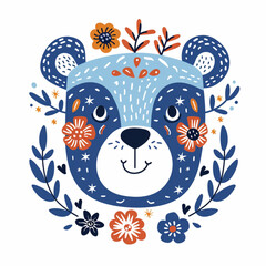 Cute bear face in the style of scandinavian folk art with flowers and stars, blue color on white background