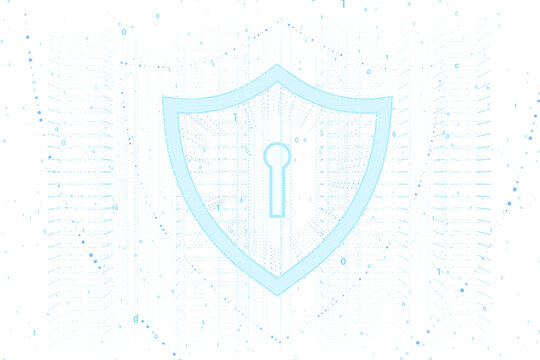 Digital shield with keyhole surrounded by binary code on a light blue background, indicating data protection concept