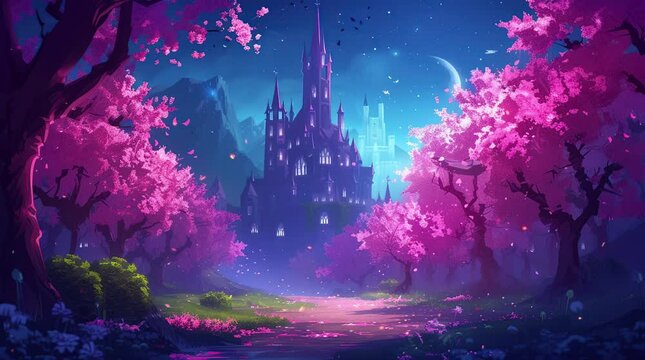 Majestic castle surrounded by autumn foliage at night under a starry sky
 Seamless looping 4k time-lapse virtual video animation background. Generated AI