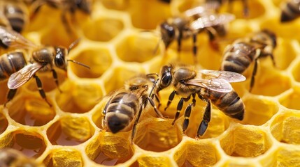 Bees on honeycombs in a hive.