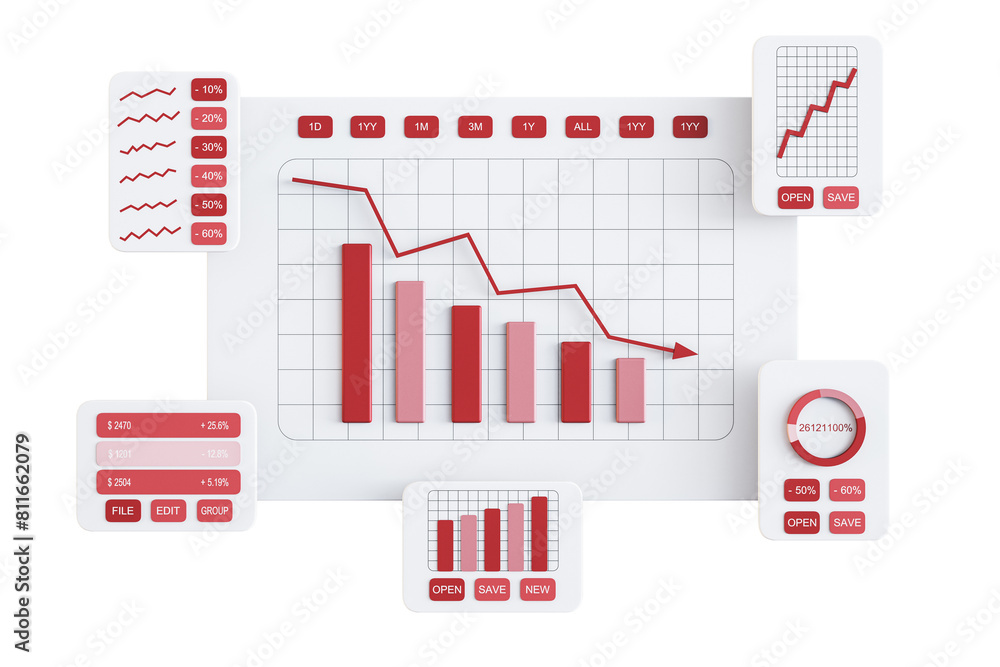 Poster A collage of various statistical data representation elements such as charts and graphs on a white background, depicting financial or performance concepts