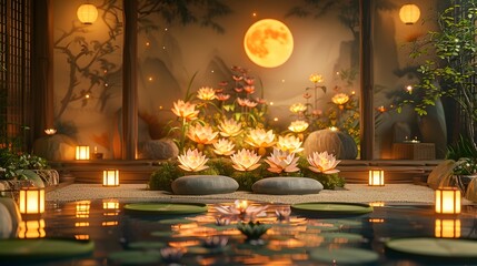 Tranquil Moonlit Lotus Pond with Glowing Lanterns in Serene Japanese Garden