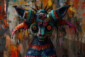 Fototapeta premium Vibrant and Bizarre Creature Mask with Eclectic Digital Collage Art Elements