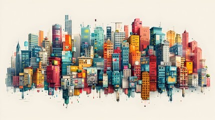 Obraz premium Vibrant and Bustling Cityscape with Overlapping Skyscrapers,Residential and Commercial Development,and Dynamic Urban Infrastructure