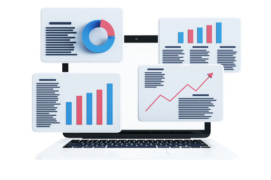 A graphic display of data analytics on floating screens above a laptop, with a white background, symbolizing digital analysis
