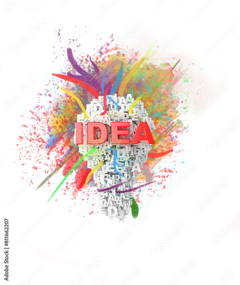 Poster a colorful abstract art composition with the word idea in block letters, on a white background, symb
