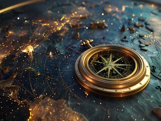 Vintage Brass Compass on Illuminated Ancient Map Symbolizing and Wanderlust