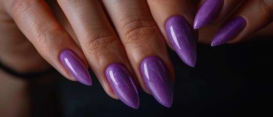 A woman with purple nails holding a nail polish.