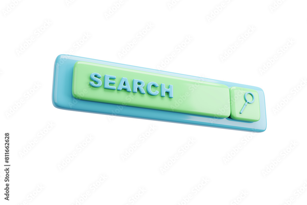 Poster a stylized search button with the word 'search' and a magnifying glass icon, against a white backgro