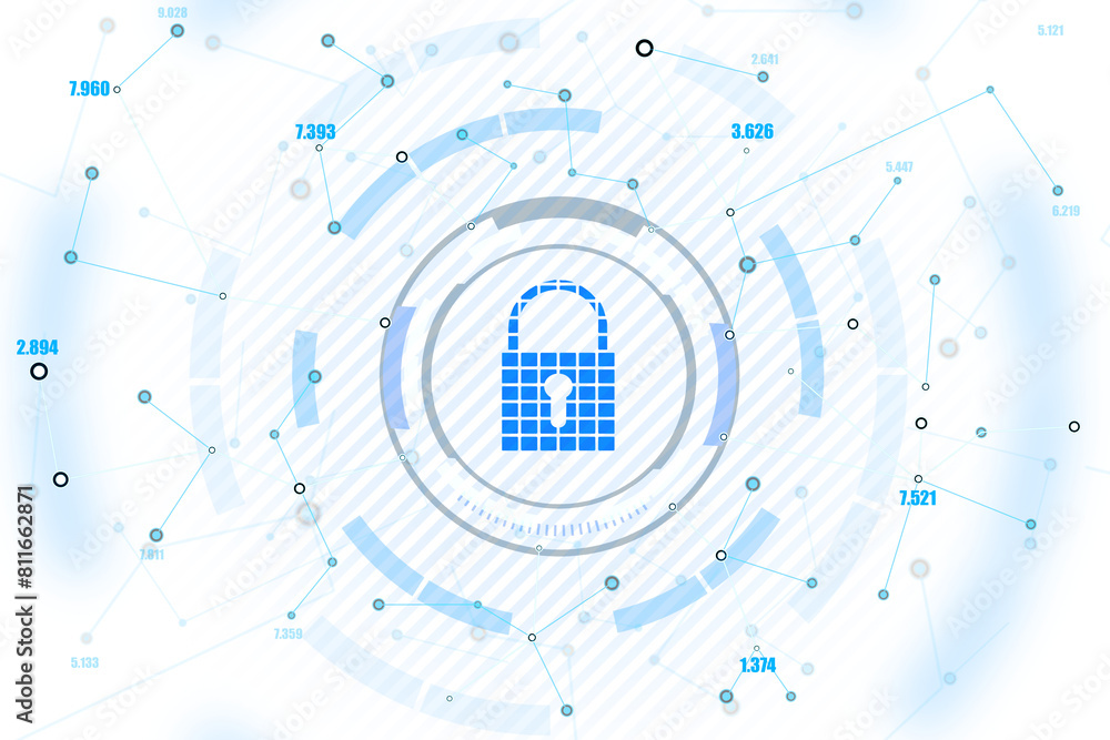 Leinwandbilder Abstract cyber security concept with a padlock icon, network data and dynamic lines on a light blue background
