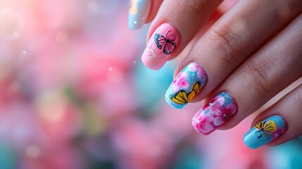 A woman's hand with colorful nail art.