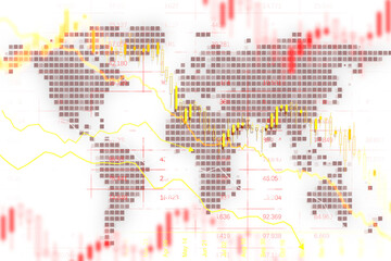 Abstract financial chart with pixelated map and candlestick trading graph on white to orange gradient background, concept of stock market analysis
