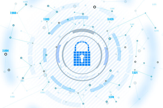 Abstract cyber security concept with a padlock icon, network data and dynamic lines on a light blue background