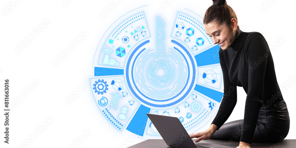 Poster a woman interacting with futuristic digital interfaces while using a laptop, set against a white bac