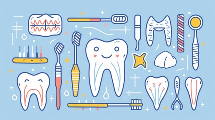 Dental care and oral health icons with toothbrush, dental floss, and dentist, designed in a simple, educational style