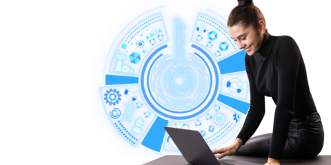 A woman interacting with futuristic digital interfaces while using a laptop, set against a white background, illustrating technology concept