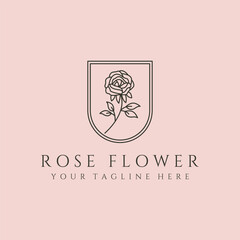 peony branch rose flower line art logo vector symbol illustration design