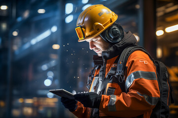 Fototapeta premium Industrial worker in reflective gear and helmet using digital tablet at night.