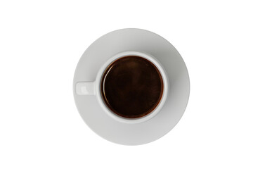 Top view of a full cup of coffee with saucer on a white background, depicting a morning or break...