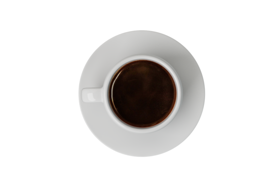 Top view of a full cup of coffee with saucer on a white background, depicting a morning or break time concept