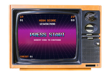 PRESS START INSERT A COIN TO CONTINUE. pixel art .8 bit game. retro game. for game assets .Retro Futurism Sci-Fi Background. glowing neon grid. on old retro television. Isolated on white background. 