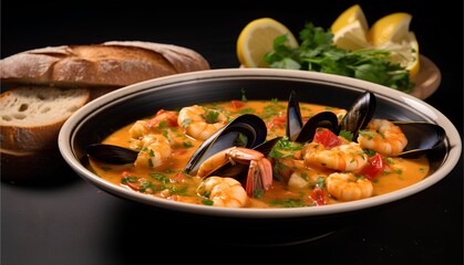 French bouillabaisse stew, full of Mediterranean seafood and tomatoes, cinematic food photography