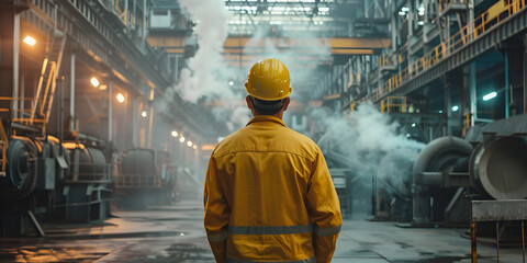 back view of Industrial worker looking at manufacturing plant or factory Worker in the steel mill