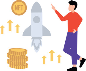 The boy stands next to the NFT rocket.