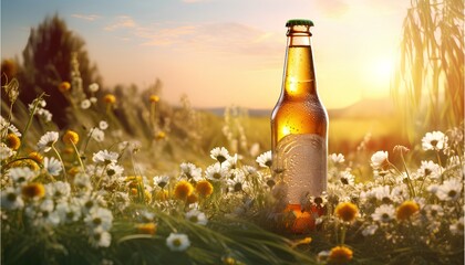 Yellow glass bottle of beer sitting in a field of wildflowers at sunset