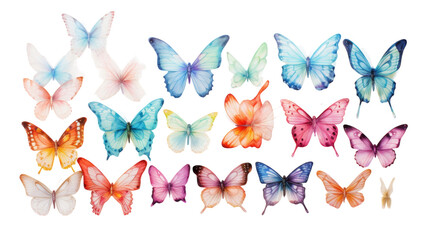 Collection of Iridescent Butterflies on Transparent Background.