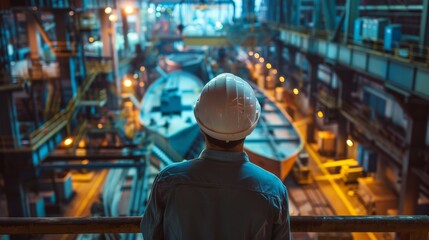 A worker in a hard hat looking out over a shipyard