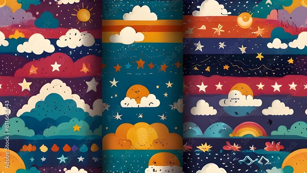 Poster set of cute seamless pattern for baby. rainbow, circle, cloud, stars pattern collection generative a