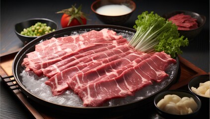 Fototapeta premium Japanese Sukiyaki, hot pot dish with premium sliced beef, cinematic food photography