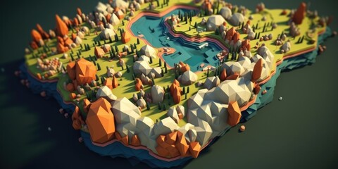 Stylized low-poly 3D map with a river winding through colorful landscapes. A low-poly artwork of a...