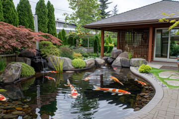 A serene Zen garden with a koi pond.