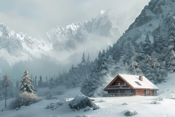 A cozy cabin in a snowy mountain landscape.