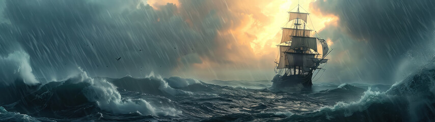 A pirate ship sailing through a stormy sea.